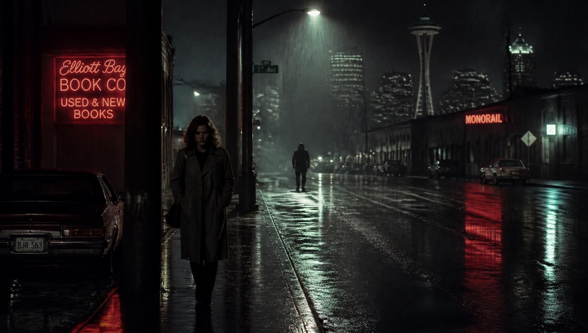 A rainy Seattle street at night in 1987 with a lone figure walking and a shadowy presence following far behind