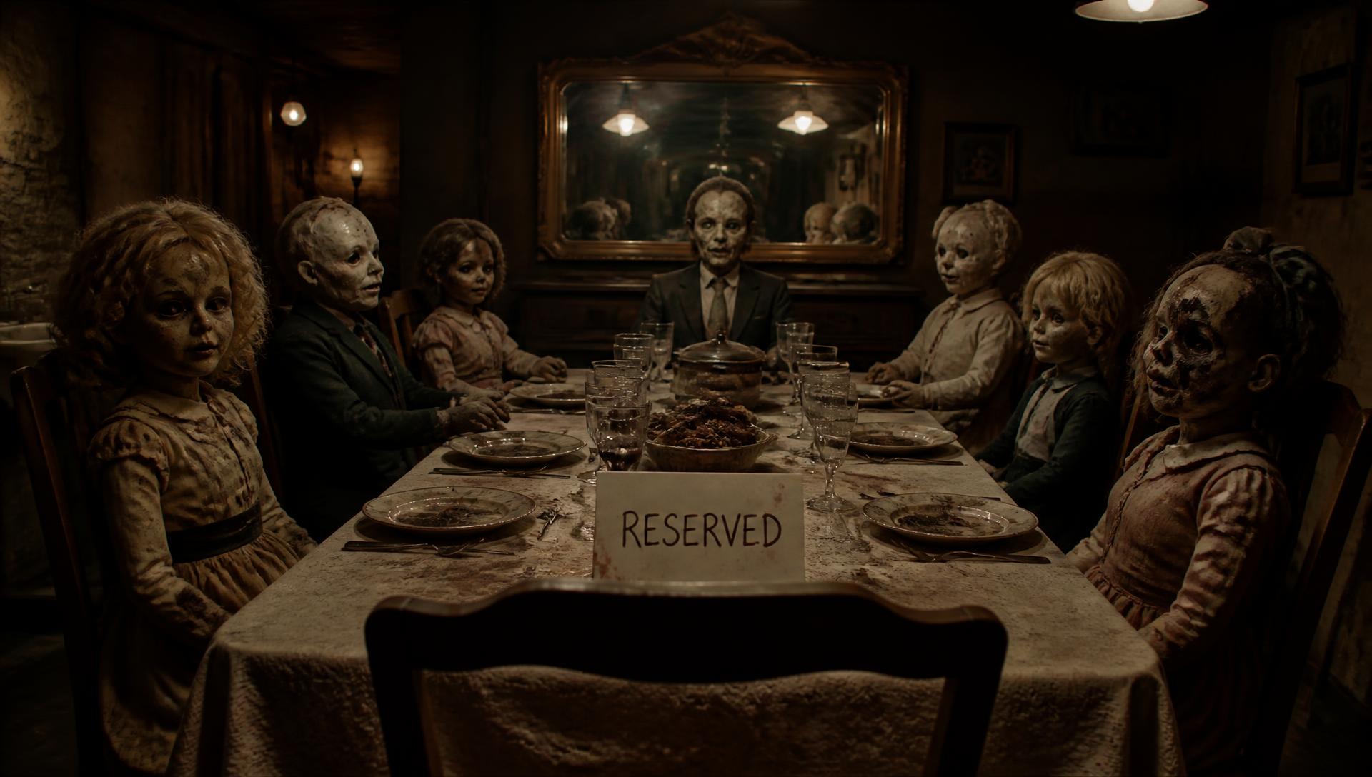 A long dining table surrounded by grotesque preserved dolls in vintage clothing with an empty reserved chair