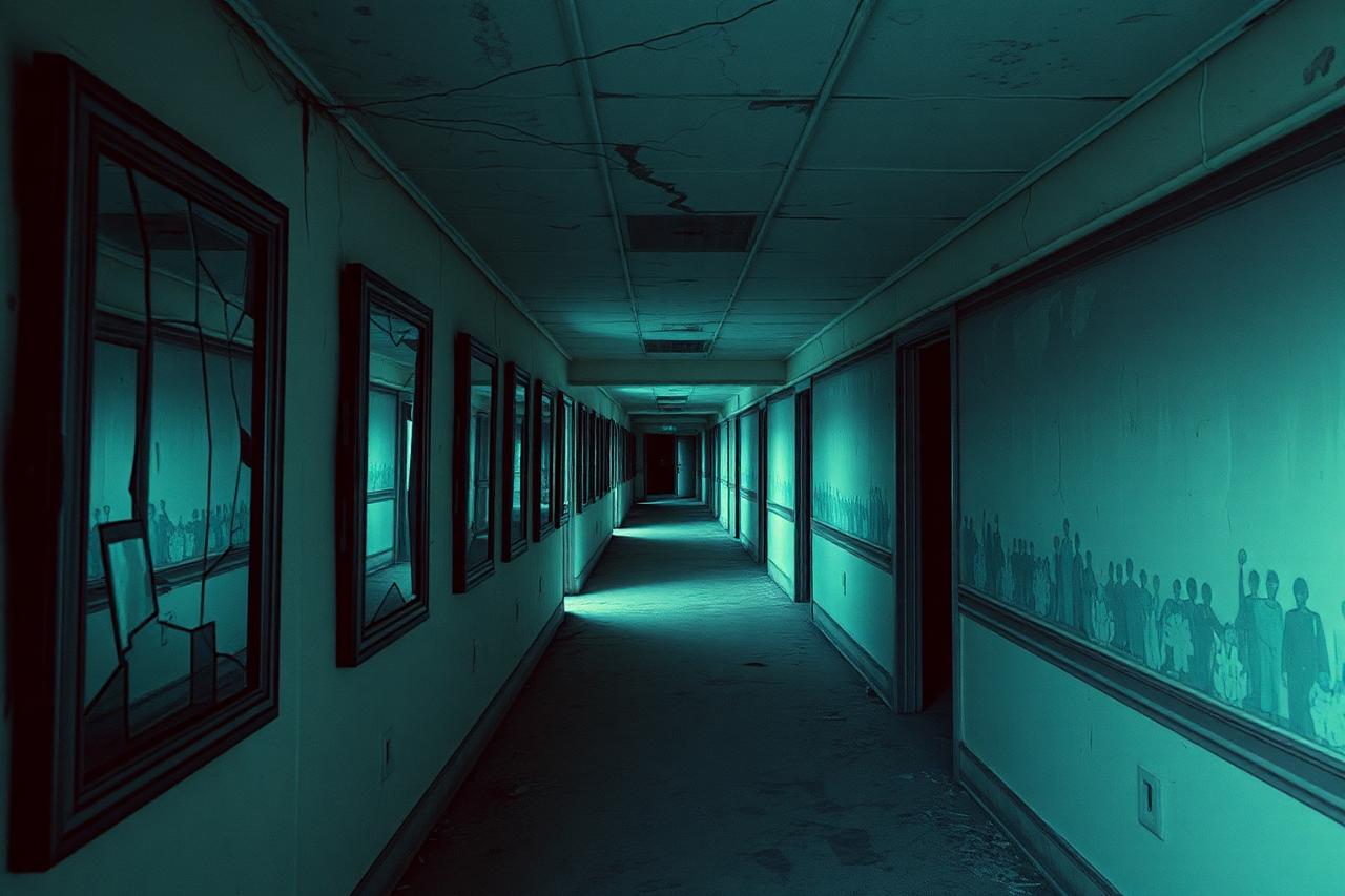 A decaying psychiatric institution corridor lined with cracked mirrors