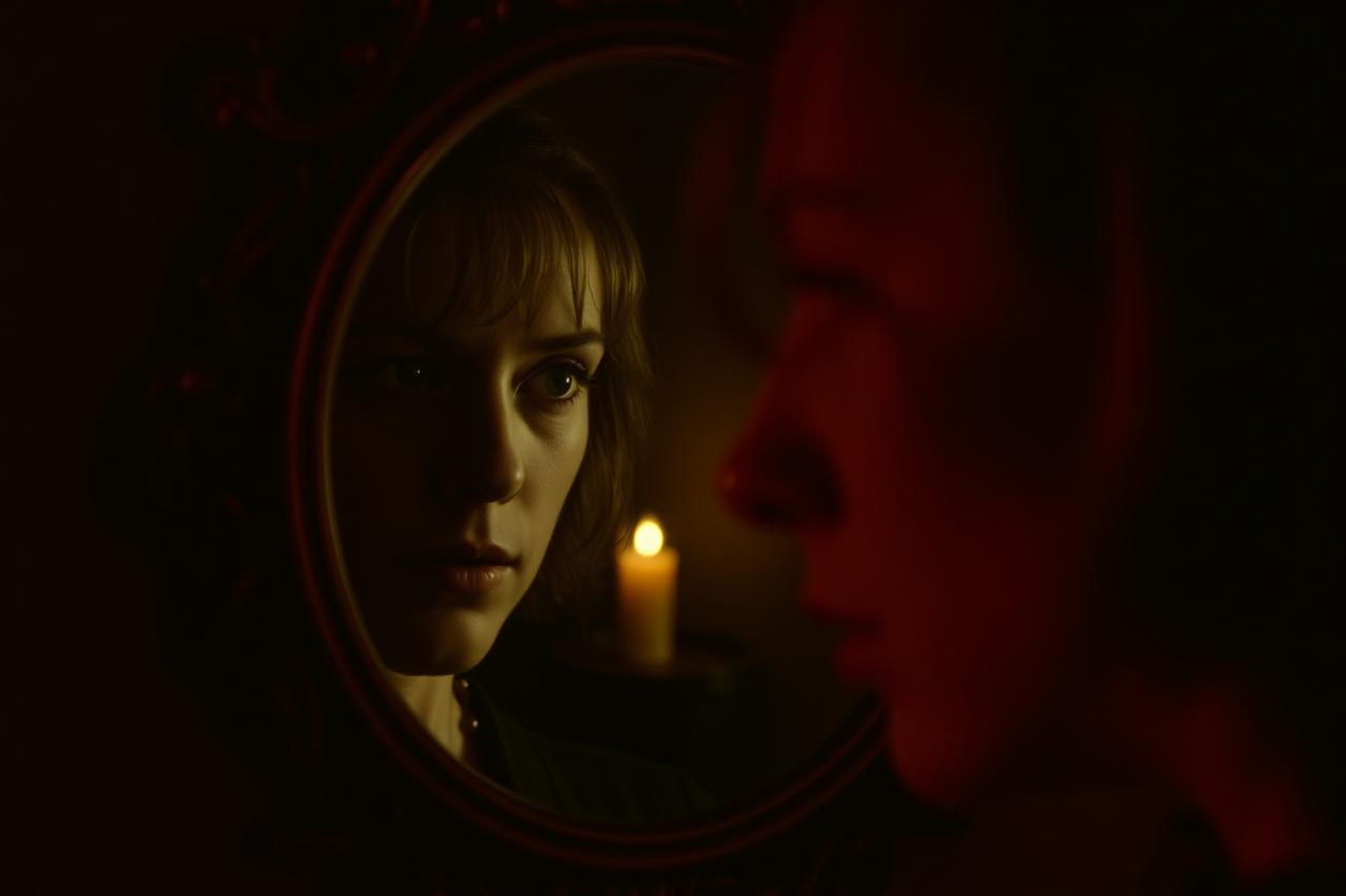 A woman's face in antique mirror glass, her reflection out of sync with her
